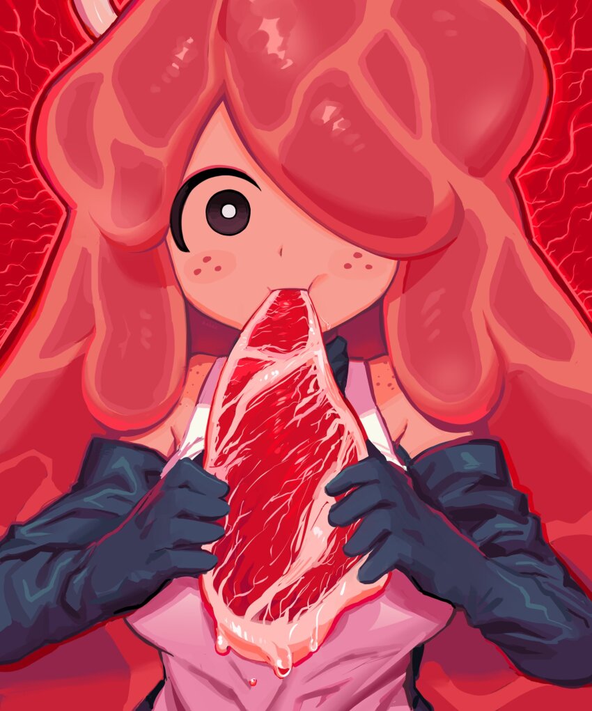 1girl apron black_gloves brown_eyes colored_skin commentary eating english_commentary flesh food freckles gloves hair_over_one_eye highres looking_at_viewer meat original red_background red_hair red_skin rubber_gloves satanmanse solo turtleneck upper_body