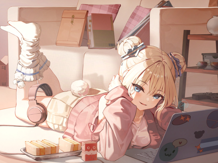 1girl blonde_hair book bookmark box cardboard_box commentary_request computer couch crazy_straw double_bun drinking_straw food hair_bun hair_intakes hands_up headphones headphones_removed heart_straw highres indoors jacket laptop legs_up long_sleeves looking_at_viewer loose_socks no_shoes open_clothes open_jacket original parted_lips pillow pink_jacket pleated_skirt puffy_long_sleeves puffy_sleeves rabbit_tail ruda_(ruda_e) sandwich shirt skirt smile socks solo tail tray white_shirt white_skirt white_socks