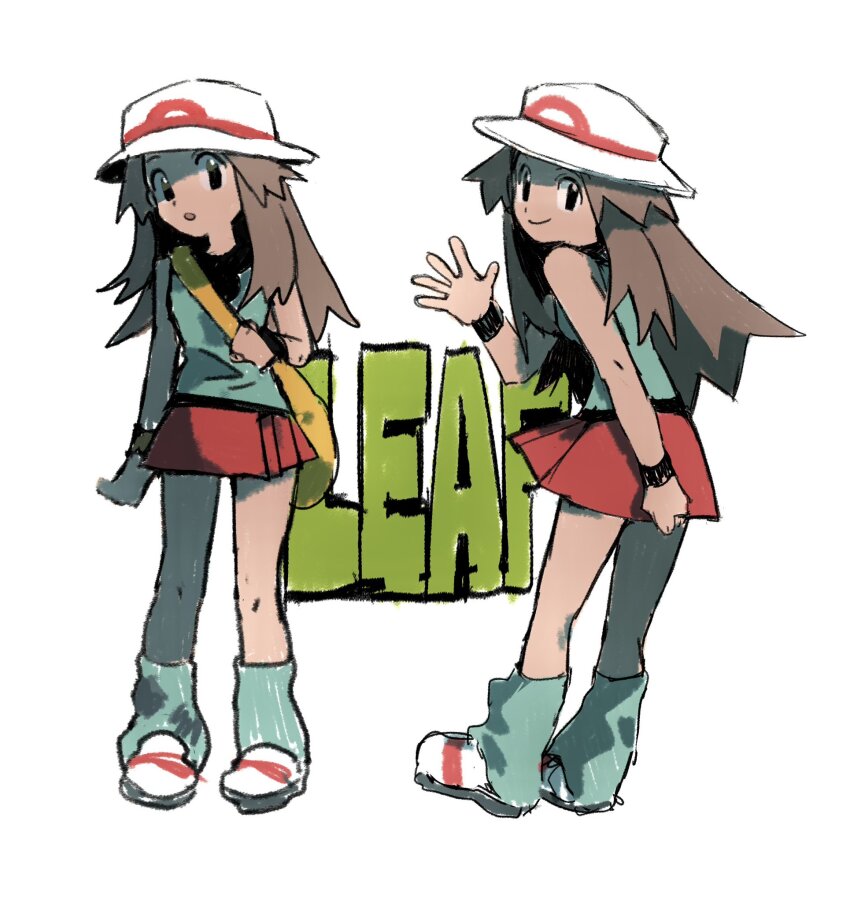1girl :o bag black_eyes blue_shirt brown_hair character_name closed_mouth front_and_back hat highres leaf_(pokemon) long_hair looking_at_viewer multiple_views nintendo open_mouth pokemon pokemon_frlg red_skirt shichibee_(stm_mimi) shirt shoes shoulder_bag skirt sleeveless sleeveless_shirt smile socks white_background white_hat wristband yellow_bag
