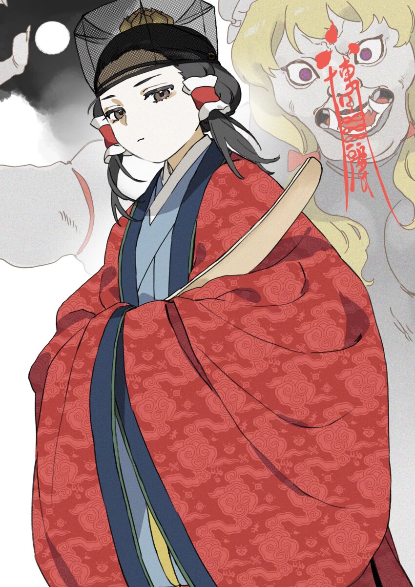 2girls alternate_costume black_hair black_hat blonde_hair blue_hanfu bow chinese_clothes claws closed_mouth commentary demon_girl dutch_angle expressionless fangs hair_bow hair_ornament hair_tubes hakurei_reimu hands_in_opposite_sleeves hanfu hat highres long_sleeves multiple_girls purple_eyes rakuichi red_hanfu ritual_baton sidelocks touhou wide_sleeves xiangyun yakumo_yukari