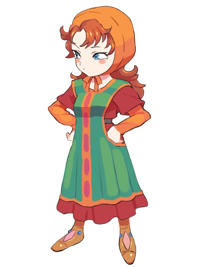 1girl belt blue_eyes blush_stickers breasts closed_mouth dragon_quest dragon_quest_vii dress full_body gan2 green_tabard hands_on_own_hips highres long_hair long_sleeves looking_to_the_side maribel_(dq7) orange_hair orange_hood orange_undershirt red_dress shirt small_breasts solo standing tabard white_background