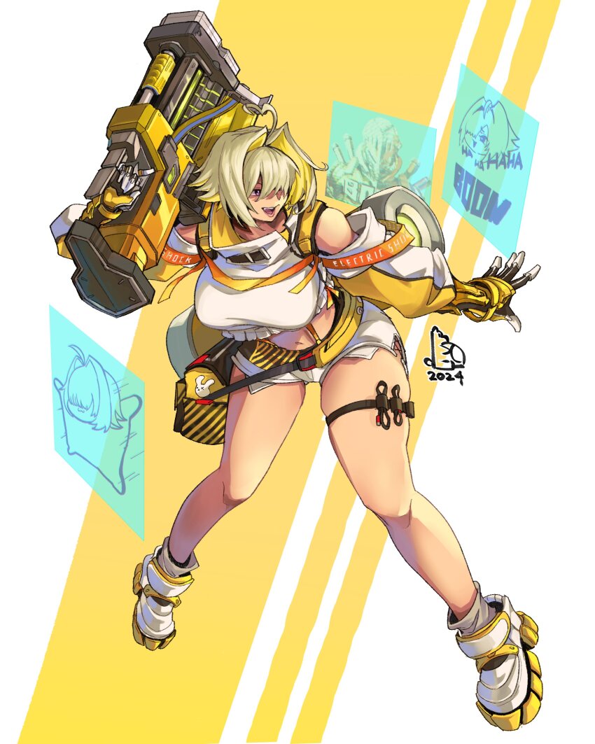 1girl absurdres ahoge animal_print bare_legs belt blonde_hair boomstick_(nikke) boots breasts character_print collared_sweater colored_inner_hair commentary cropped_sweater dated doro_(nikke) elegg_(nikke) english_commentary exposed_pocket fang full_body gloves goddess_of_victory:_nikke grey_gloves grey_socks hair_intakes hair_over_eyes heart heart_ahoge highres holding holding_weapon holographic_monitor jacket large_breasts legs_apart lips long_bangs looking_to_the_side loose_socks midriff multicolored_boots multicolored_gloves multicolored_hair multicolored_jacket navel off_shoulder open_hand open_mouth orange_belt outstretched_arm over_shoulder piccolourme puffy_sleeves purple_eyes rabbit_print short_shorts shorts simple_background socks solo suspender_shorts suspenders sweater teeth thigh_strap tongue two-tone_background two-tone_boots two-tone_hair two-tone_jacket upper_teeth_only vent_(object) weapon weapon_over_shoulder white_background white_boots white_gloves white_jacket white_shorts white_sweater yellow_background yellow_bag yellow_boots yellow_gloves yellow_jacket