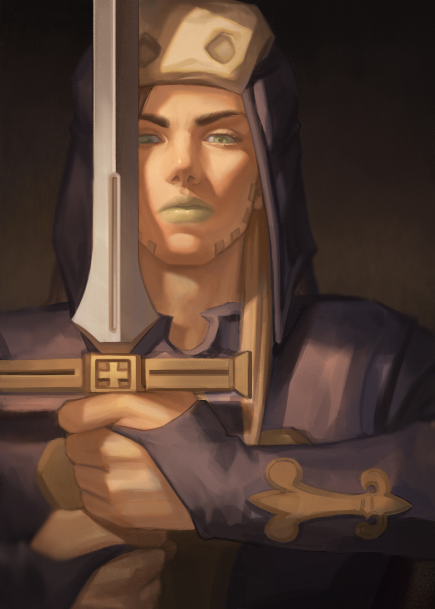 1boy beard blonde_hair bridal_gauntlets executioner executioner&#039;s_sword executioner_hood facial_hair fleur-de-lis green_eyes green_lips gyro_zeppeli hat highres holding holding_sword holding_weapon jojo_no_kimyou_na_bouken long_hair nezumi_(tuboshu2013) official_alternate_costume portrait purple_bridal_gauntlets purple_hat purple_shirt shirt steel_ball_run sword weapon