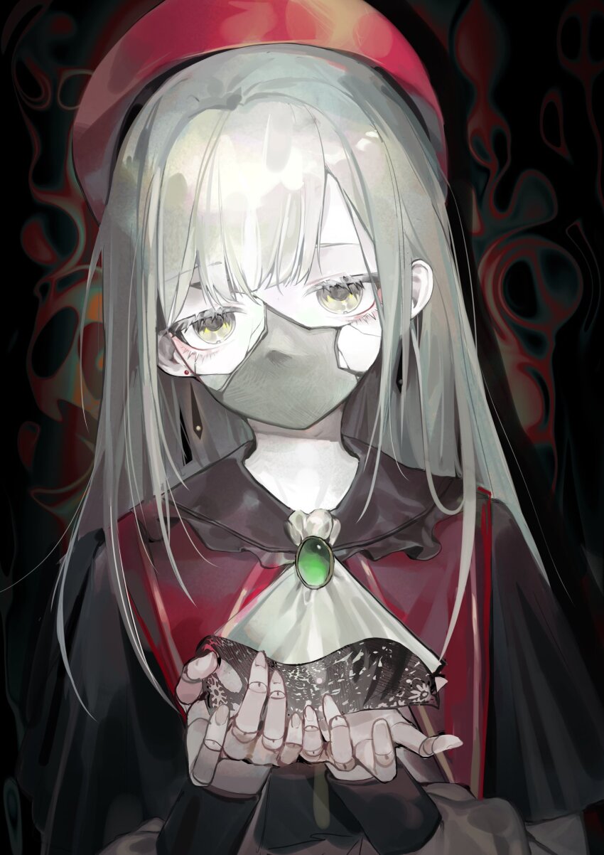 1girl ascot bang_dream! bang_dream!_it&#039;s_mygo!!!!! beret black_capelet black_mask capelet covered_mouth cracked_skin doll_joints earrings gem green_gemstone green_hair hat highres holding jewelry joints long_hair looking_at_viewer mask masquerade_mask mortis_(bang_dream!) mortis_(costume)_(bang_dream!) red_hat solo upper_body wakaba_mutsumi white_ascot wusubamineko yellow_eyes