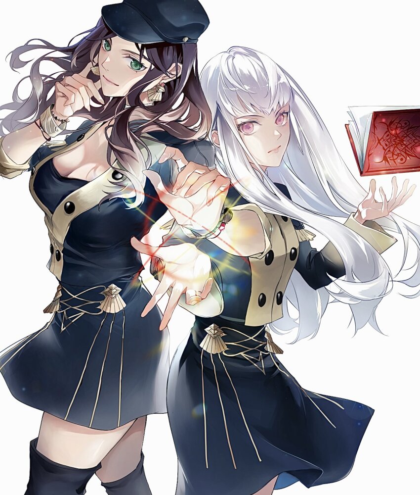 2girls black_thighhighs book boots bracelet breasts brown_hair cleavage closed_mouth dorothea_arnault earrings fire_emblem fire_emblem:_three_houses garreg_mach_monastery_uniform green_eyes hat highres holding holding_book jewelry large_breasts long_hair long_sleeves looking_at_viewer lysithea_von_ordelia magic multiple_girls nintendo pink_eyes simple_background small_breasts smile thigh_boots thighhighs thighs white_background white_hair zat_296