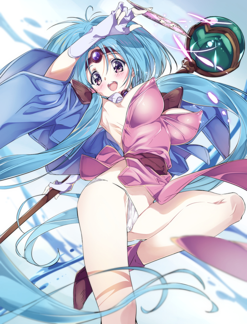 1girl aqua_hair armpits blush breasts circlet commentary_request covered_erect_nipples dress fingerless_gloves gloves haou_taikei_ryuu_knight highres holding holding_staff large_breasts long_hair looking_at_viewer niko_(tama) open_mouth paffy_pafuricia panties pantyshot pink_dress puffy_nipples purple_eyes shoes smile solo staff twintails underwear very_long_hair white_panties