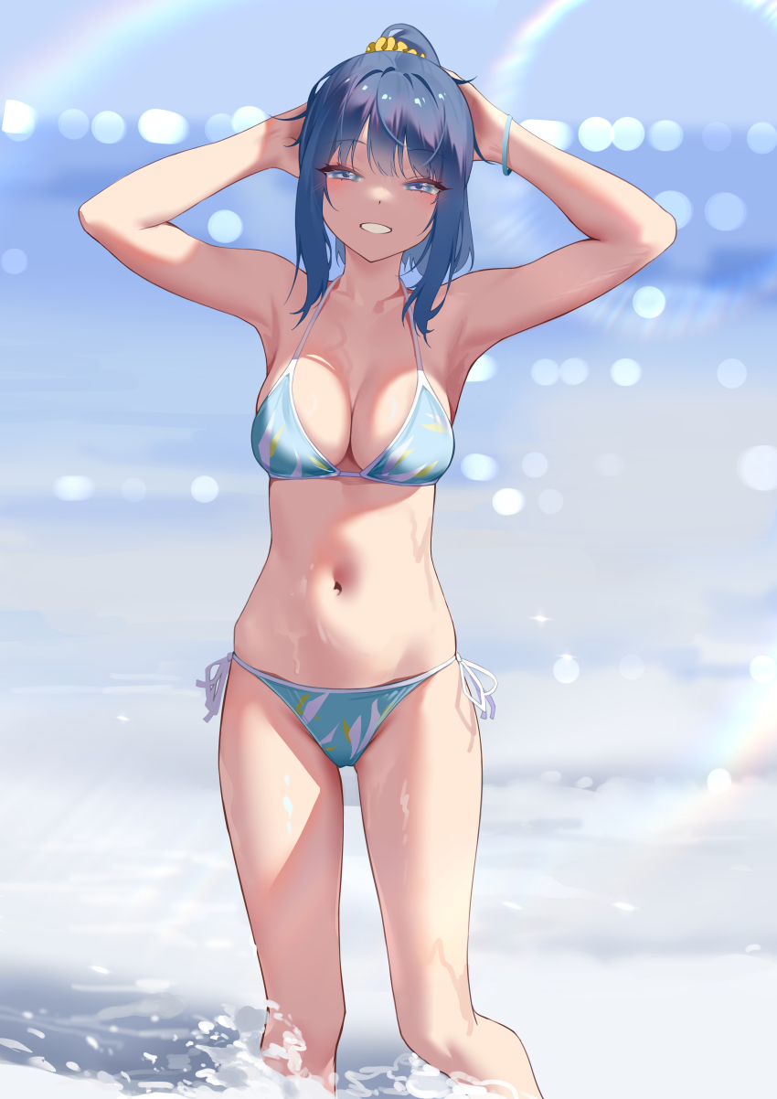 1girl absurdres ahoge bikini blue_bikini blue_eyes blue_hair blurry blurry_background breasts evan_(pixiv7510743) highres long_hair looking_at_viewer make_heroine_ga_oo_sugiru! medium_breasts navel ocean outdoors parted_lips ponytail rainbow side-tie_bikini_bottom smile solo swimsuit yanami_anna
