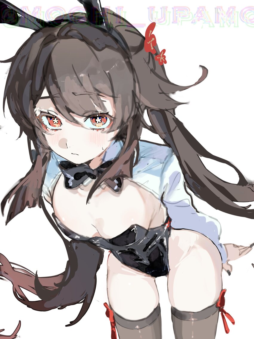 1girl absurdres alternate_costume animal_ear_hairband animal_ears arms_behind_back black_bow black_bowtie black_leotard blush bow bowtie breasts brown_thighhighs closed_mouth fake_animal_ears flower-shaped_pupils genshin_impact hairband highleg highleg_leotard highres hu_tao_(genshin_impact) latex latex_leotard leotard long_hair mochi_upamo playboy_bunny rabbit_ear_hairband rabbit_ears red_eyes shrug_(clothing) simple_background small_breasts solo sweatdrop symbol-shaped_pupils thighhighs white_background white_shrug wide_hips