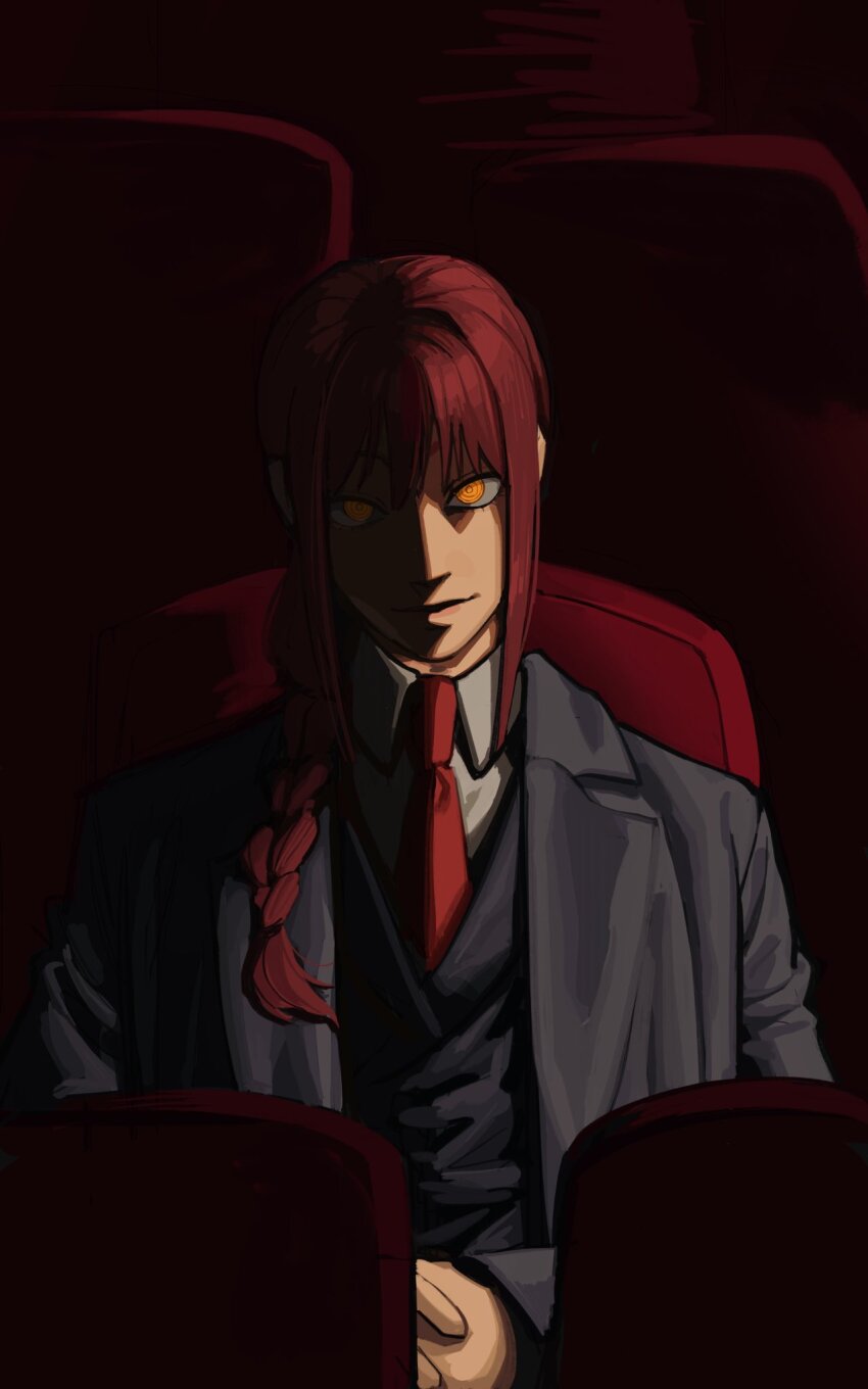 1girl black_coat black_vest braid chainsaw_man closed_mouth coat collared_shirt drugsandsocks highres long_hair looking_at_viewer makima_(chainsaw_man) necktie red_necktie ringed_eyes shirt sidelocks single_braid sitting solo theater_seating vest white_shirt yellow_eyes