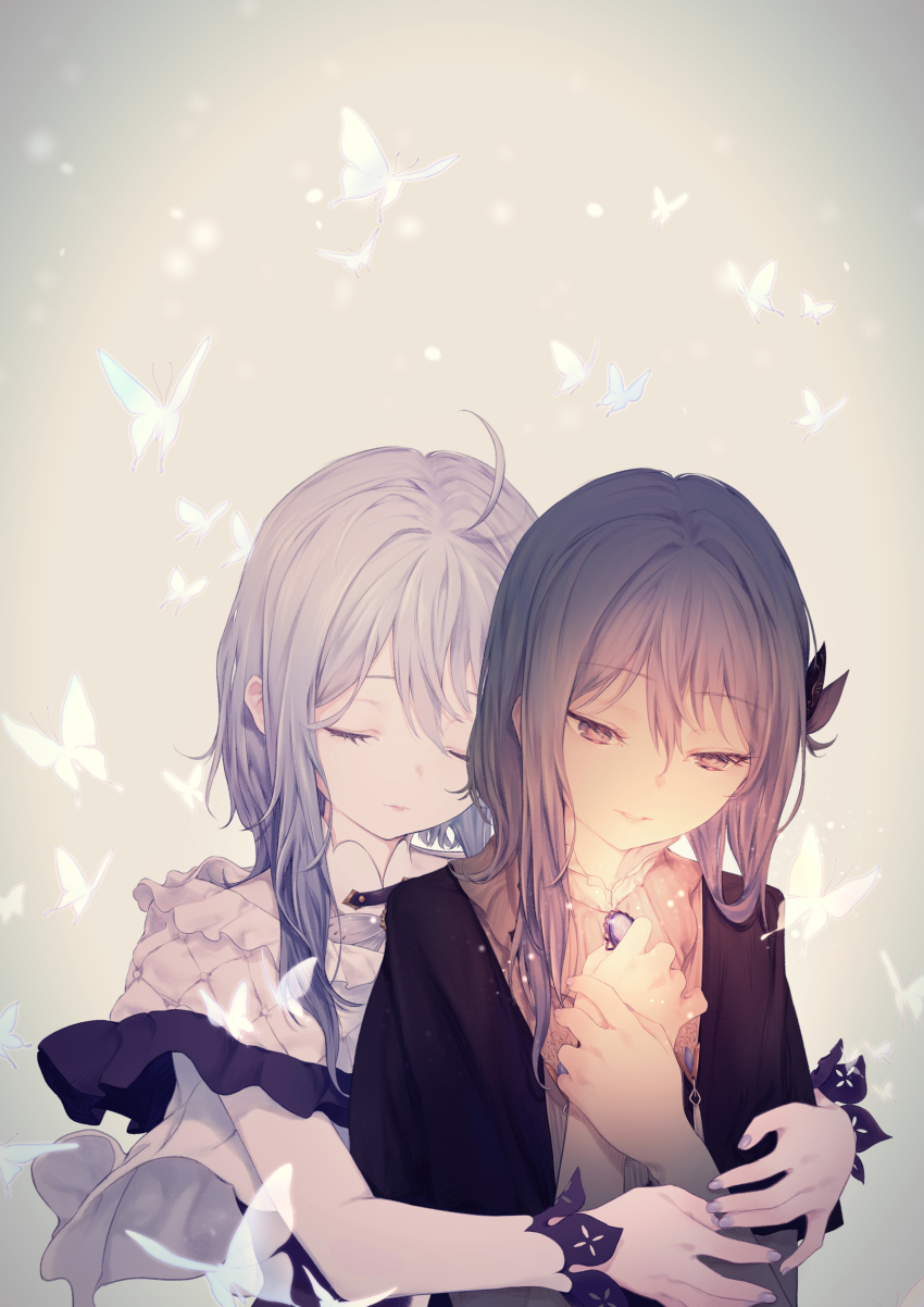 2girls absurdres ahoge anniversary bug butterfly ciel_(kamitsubaki_studio) closed_eyes clutching_chest daisi_gi frills gem grey_hair hand_on_own_wrist hands_on_own_chest highres hug hug_from_behind insect kamitsubaki_studio multiple_girls nail_polish parted_lips upper_body virtual_youtuber