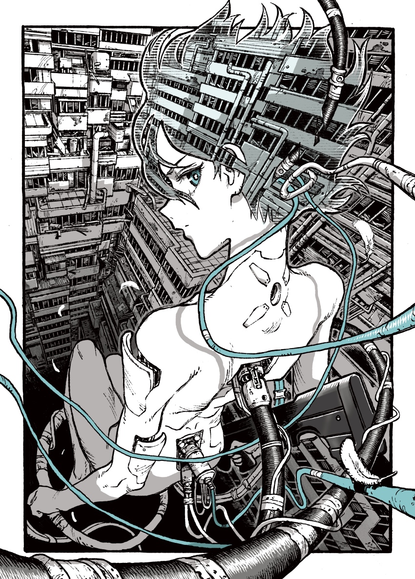 1girl absurdres aqua_eyes assembling bare_shoulders border bright_pupils building cable city closed_mouth commentary_request cyberpunk cyborg feathers from_above from_behind ghost_in_the_shell gun highres holding holding_gun holding_weapon kusanagi_motoko looking_back machinery monochrome nude omao outside_border industrial_pipe science_fiction short_hair solo subdermal_port translucent_hair transparent weapon white_border