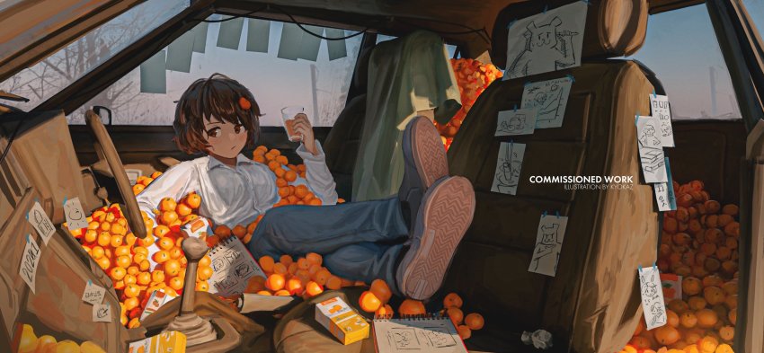1girl absurdres brown_eyes brown_hair car commission cup denim english_text faiz_azhar food fruit full_body highres jeans long_sleeves lying motor_vehicle on_back orange_(fruit) original pants shirt shoes short_hair solo white_shirt