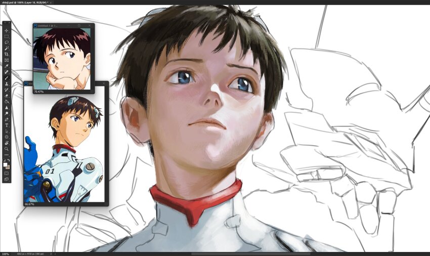 1boy absurdres art_program_in_frame bodysuit evangelion_(mecha) highres ikari_shinji male_focus mecha mecha_pilot_suit neon_genesis_evangelion plugsuit_(evangelion) robot sabertoon_artt sketch solo white_bodysuit