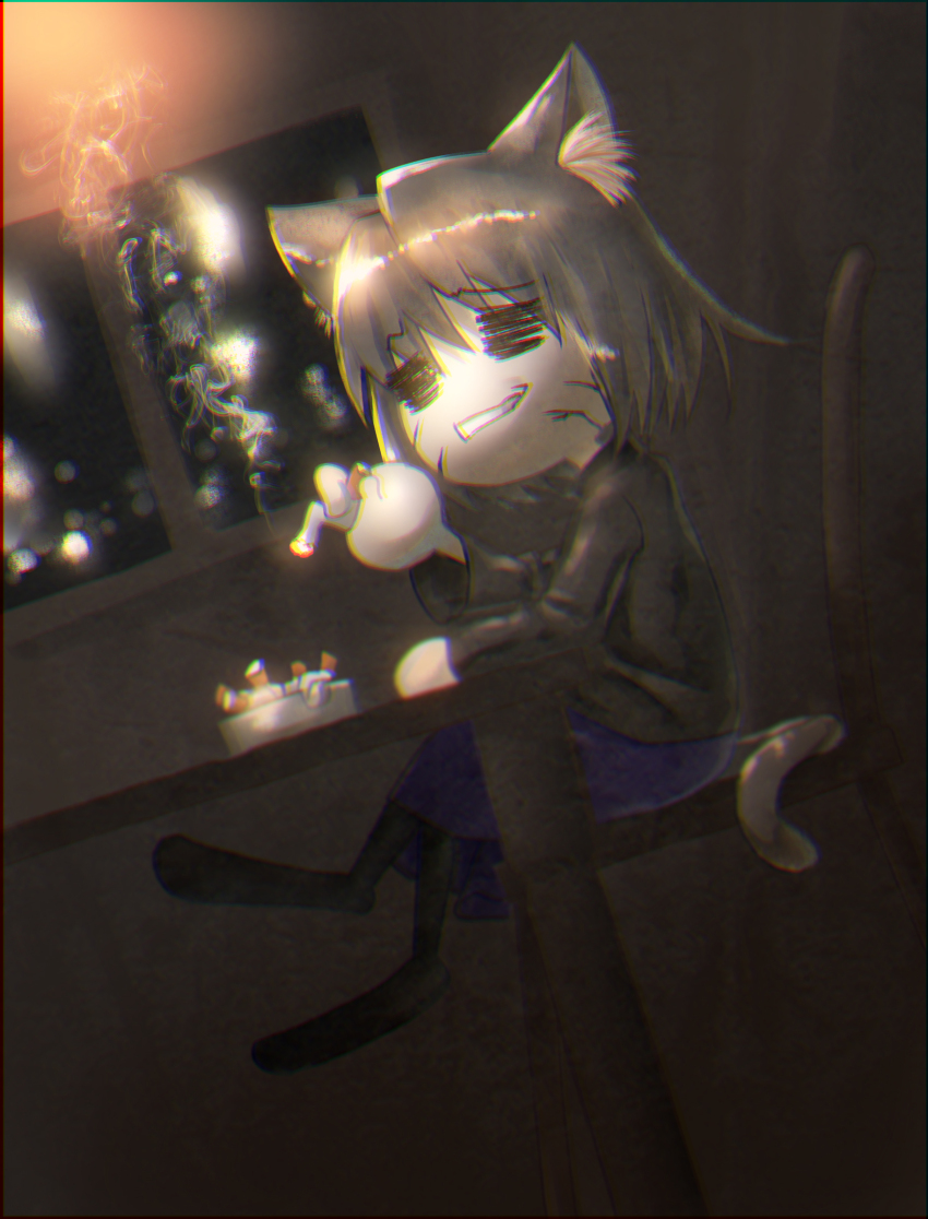 1boy animal_ears ashtray black_shirt blue_skirt cat_ears cat_tail chibi chromatic_aberration cigarette grey_hair grimace highres holding holding_cigarette juki. melty_blood neco-arc_chaos night shirt short_hair skirt smoke smoking solo tail tsukihime type-moon veins window