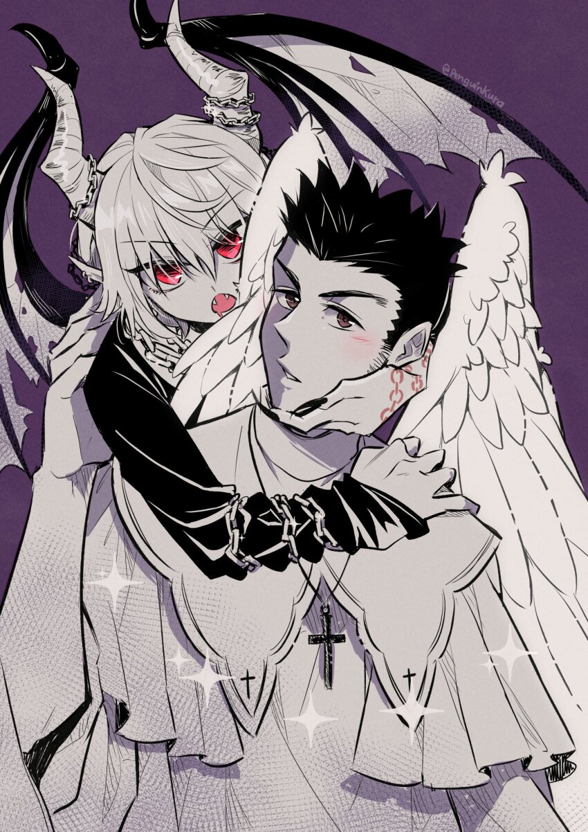 2boys :o alternate_costume angel angel_wings black_hair black_nails brown_eyes chain cross cross_necklace demon demon_horns demon_wings fangs fingernails highres horns hug hunter_x_hunter jewelry kurapika leorio_paladiknight long_fingernails long_sleeves looking_at_viewer male_focus multiple_boys necklace open_mouth partially_colored penguinkura purple_background red_eyes simple_background standing upper_body wings