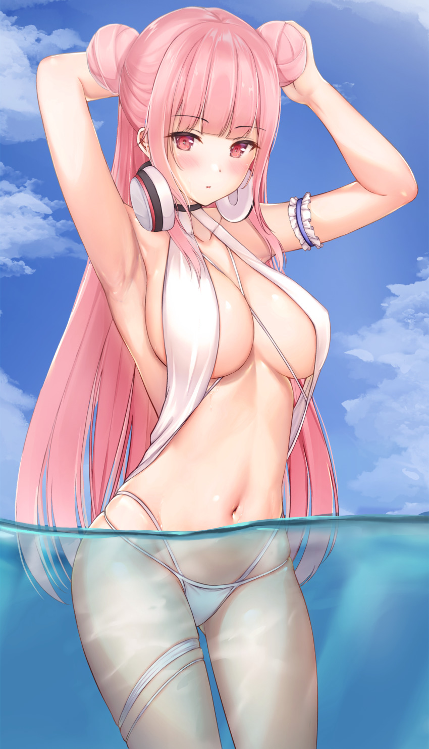 1girl absurdres alternate_hairstyle arm_garter armpits arms_up azur_lane bare_arms bare_shoulders benedia bikini blue_sky breasts cleavage cloud collarbone cosplay cowboy_shot day double_bun gluteal_fold halterneck headphones headphones_around_neck highres large_breasts le_malin_(azur_lane) le_malin_(azur_lane)_(cosplay) le_malin_(mercredi_at_the_secret_base)_(azur_lane) long_hair looking_at_viewer multi-strapped_bikini navel outdoors partially_submerged partially_underwater_shot perseus_(azur_lane) pink_hair sidelocks skindentation sky solo standing stomach sunlight swimsuit thigh_strap thighs underwater very_long_hair wading water white_bikini