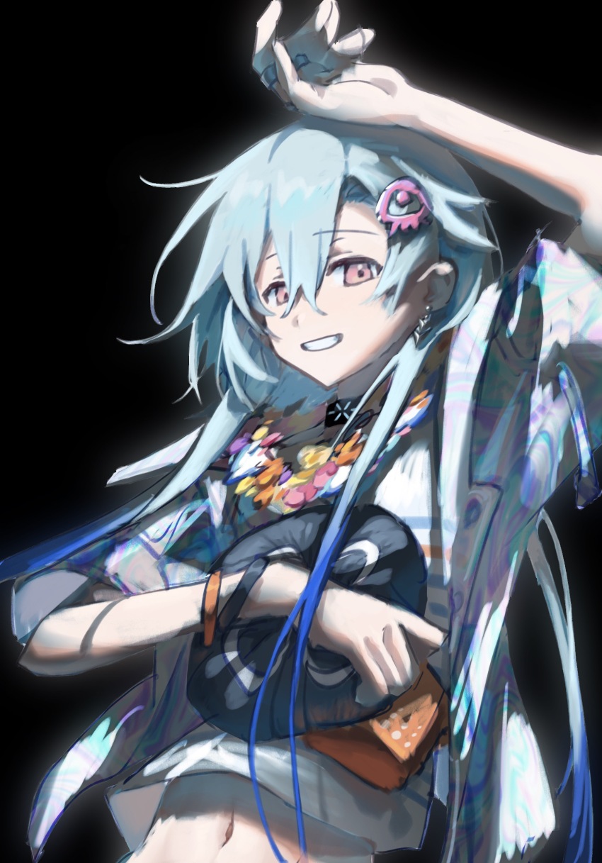 1boy arknights arm_up black_background black_choker black_hat blue_hair choker flower flower_necklace grin hair_between_eyes hat highres holding holding_unworn_clothes holding_unworn_hat huidu jellyfish_hair_ornament jewelry lei long_hair male_focus mizuki_(arknights) mizuki_(summer_feast)_(arknights) necklace official_alternate_costume red_eyes shirt short_sleeves simple_background smile solo unworn_hat unworn_headwear upper_body white_shirt