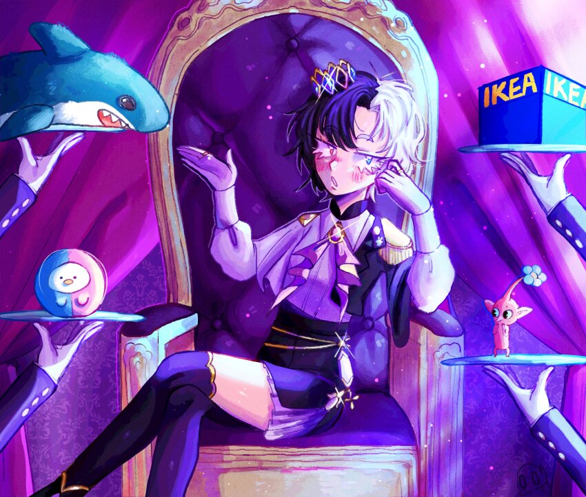 1girl 4others absurdres androgynous black_hair black_thighhighs blue_eyes blush commentary commission crossed_legs crown curtains english_commentary eyelashes flower glint gloves half-closed_eyes hand_on_own_face heterochromia highres holding holding_plate idol_corp ikea ikea_shark jewelry lucinda_grey multicolored_hair multiple_others nintendo open_mouth pikmin_(creature) pikmin_(series) plate pointy_nose red_eyes red_pikmin rin_penrose ring short_hair sitting sitting_on_throne skrunkly_(rin_penrose) solo_focus split-color_hair stuffed_animal stuffed_shark stuffed_toy thighhighs throne two-tone_hair vgen_commission virtual_youtuber white_gloves white_hair