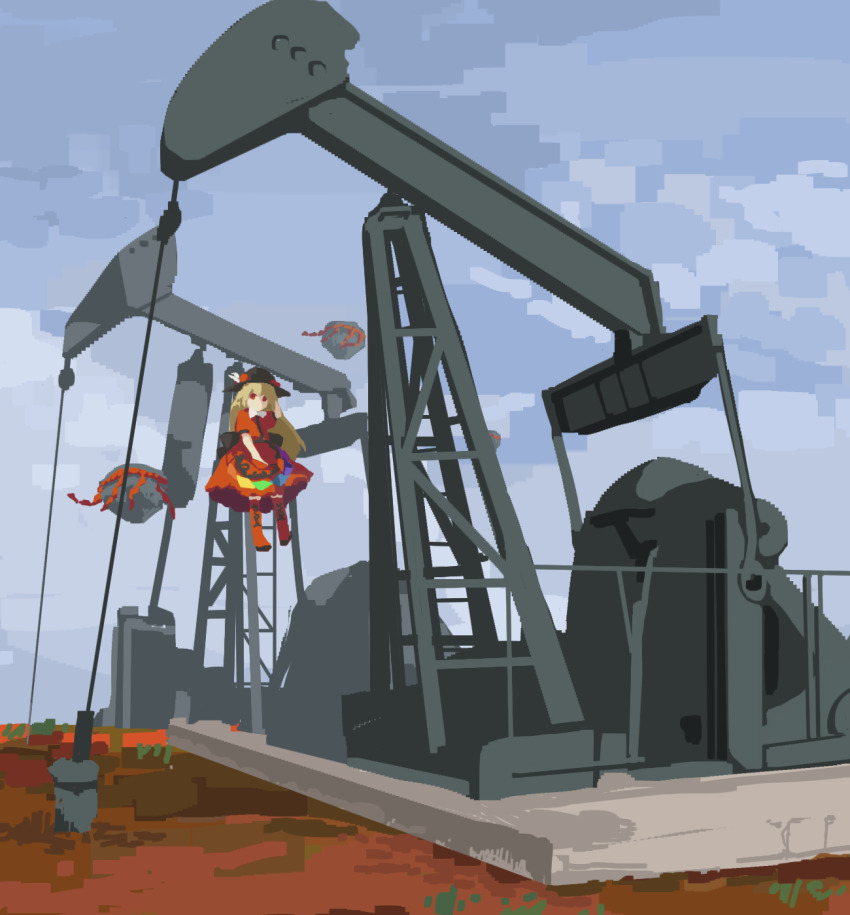1girl alternate_color apron black_hat blonde_hair blue_sky boots collared_dress commentary_request crane_(machine) day desert dress flat_chest hat highres hinanawi_tenshi kaigen_1025 long_hair no_mouth no_nose oil_well outdoors pumpjack red_apron red_boots red_dress red_eyes short_sleeves sky solo touhou waist_apron
