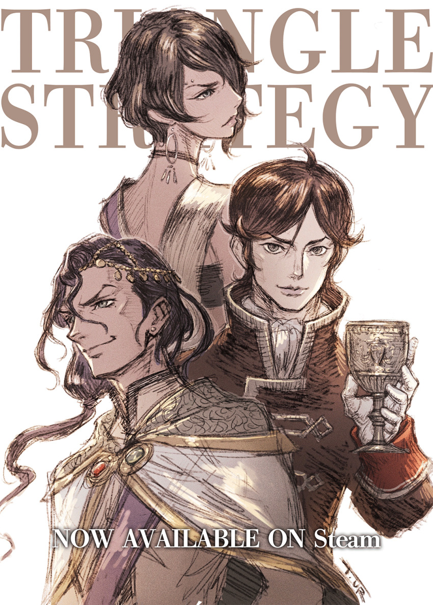 1girl 2boys black_hair cape closed_mouth copyright_name cup dragan_aesfrost drinking_glass earrings english_text exharme_marcial gloves high_collar highres holding holding_cup jewelry lips looking_afar looking_at_viewer lyla_viscraft multiple_boys official_art promotional_art signature simple_background sketch smile triangle_strategy upper_body urushihara_(square_enix) white_background white_gloves wine_glass