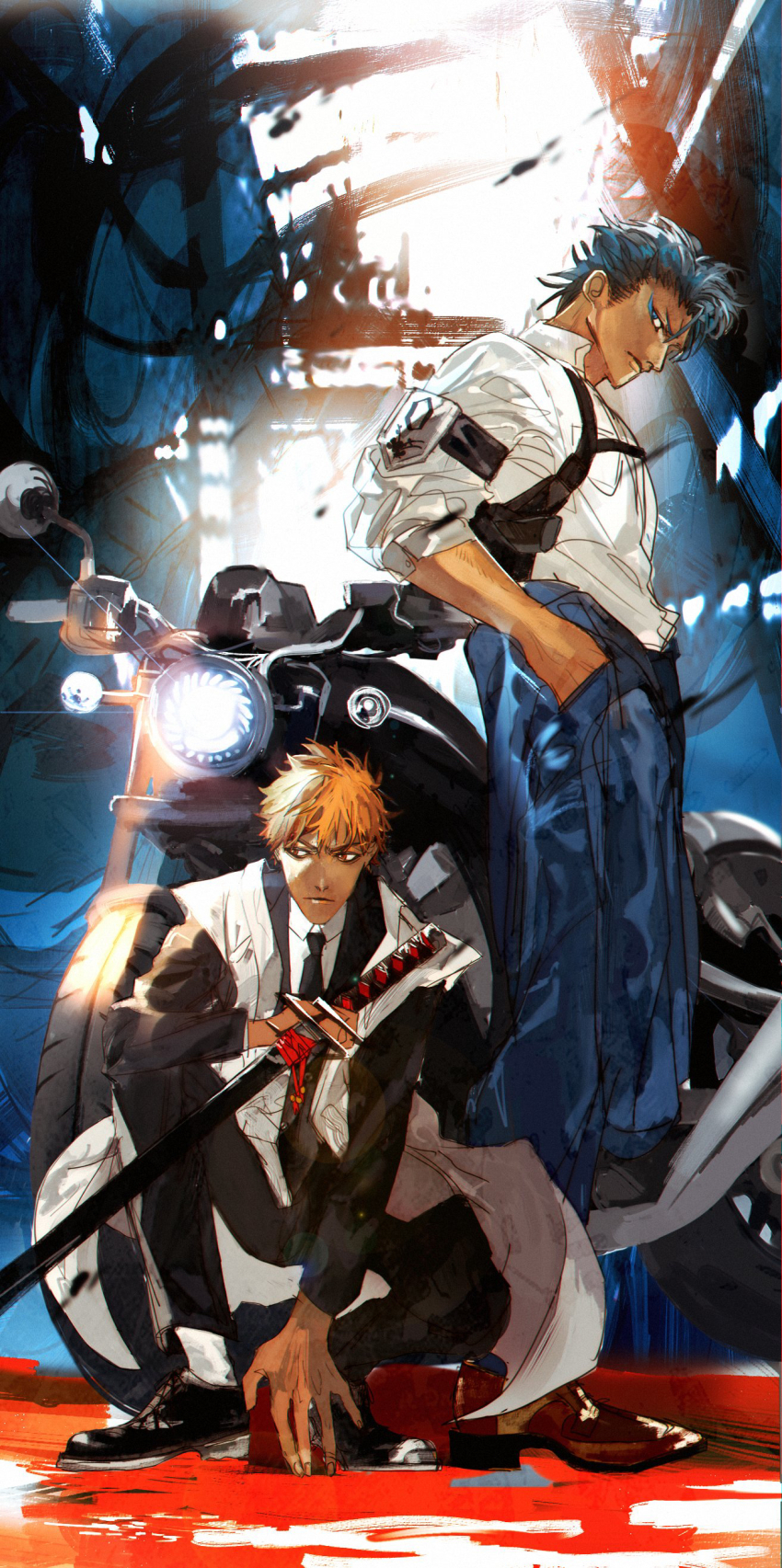 2boys absurdres akahata alternate_costume armband black_footwear black_necktie bleach blue_eyes blue_hair blue_pants breast_pocket brown_eyes brown_footwear closed_mouth collared_shirt contemporary from_side grimmjow_jaegerjaquez gun hand_in_pocket handgun hands_in_pockets haori harness headlight_beam highres holding holding_sword holding_weapon holster japanese_clothes kurosaki_ichigo looking_to_the_side male_focus motor_vehicle motorcycle multiple_boys necktie orange_hair out_of_frame pants pocket police police_uniform sheath sheathed shirt short_hair three-quarter_sleeves socks solo_focus squatting sword taichou_haori weapon white_shirt white_socks