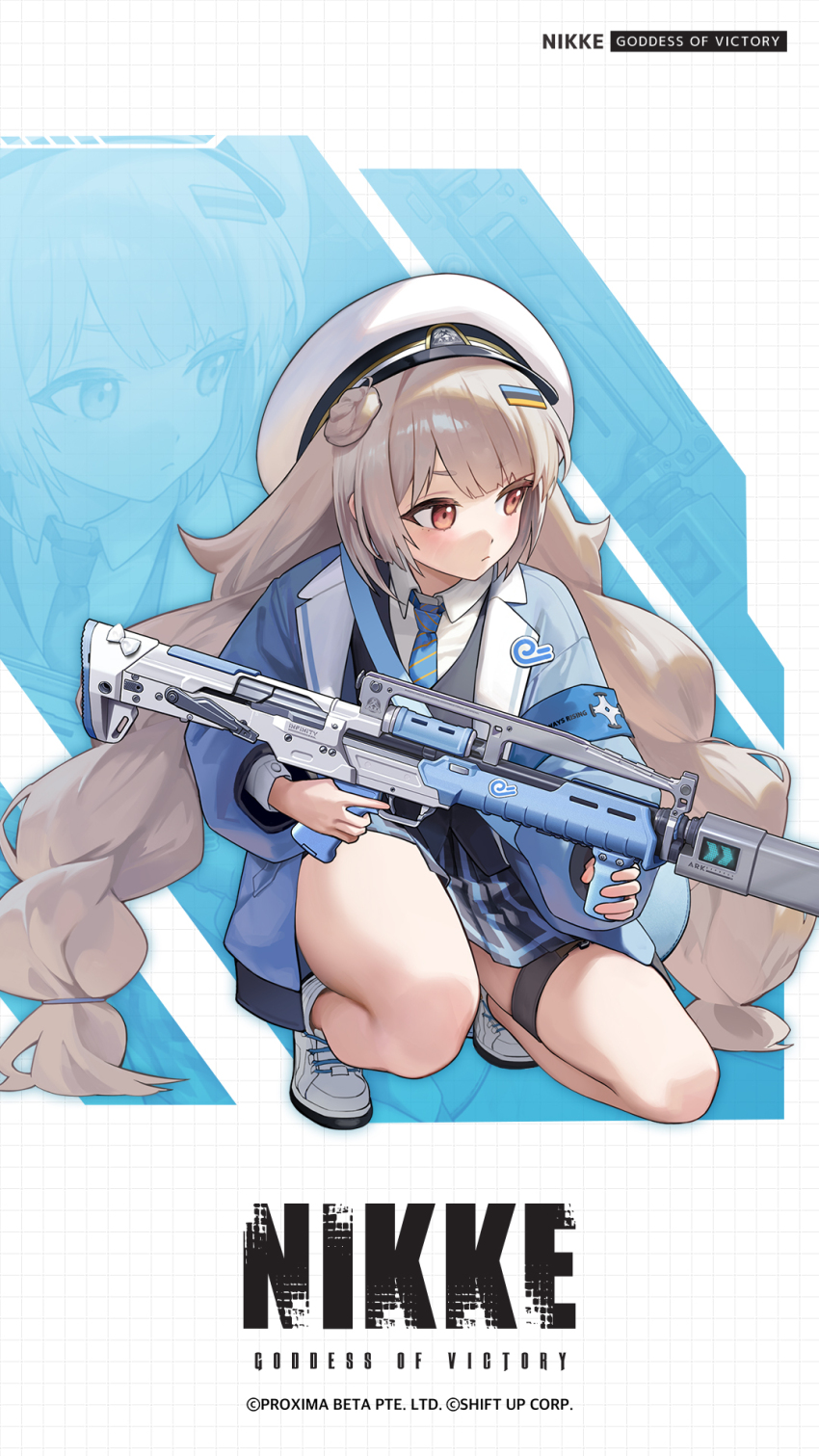 1girl belt black_vest blue_jacket blue_necktie braid brown_eyes closed_mouth collared_shirt goddess_of_victory:_nikke grey_hair gun hair_ornament hairpin hat highres holding holding_gun holding_weapon jacket long_hair long_sleeves necktie official_alternate_costume official_art open_clothes open_jacket plaid_clothes plaid_skirt pleated_skirt shirt shoes skirt sneakers soline_(frost_ticket)_(nikke) soline_(nikke) solo squatting thigh_belt thigh_strap twin_braids very_long_hair vest weapon white_hat white_shirt white_shoes