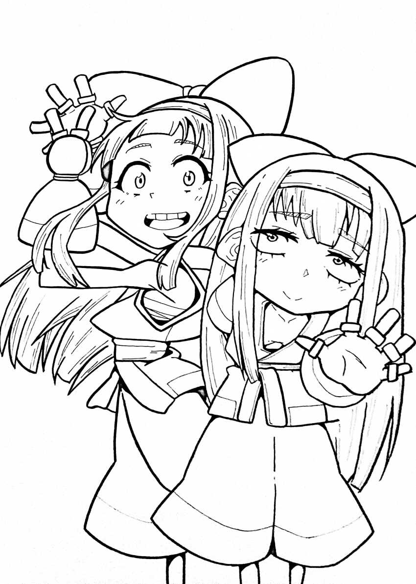 2girls absurdres ainu_clothes breasts cleavage fingerless_gloves gloves hair_ribbon highres leaning_forward legs long_hair looking_at_viewer monochrome multiple_girls nakoruru no_bra open_mouth pants ribbon samurai_spirits sarashi sketch small_breasts smile snk teeth the_king_of_fighters thighs tongue waving