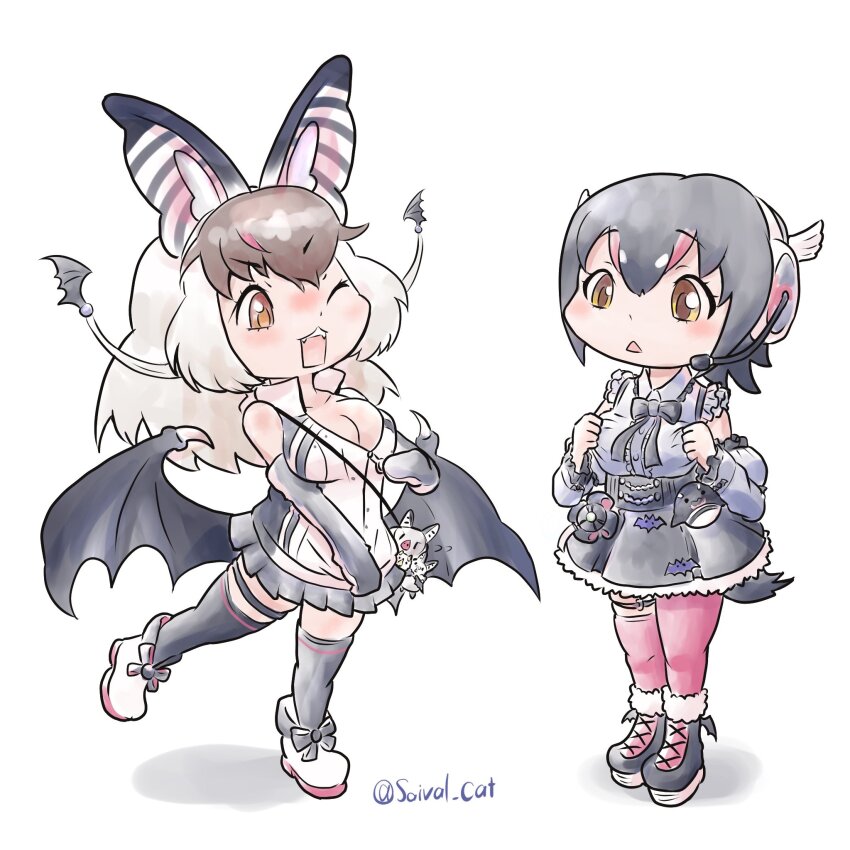 2girls animal_ears bag bat_ears bat_girl bat_wings belt black_hair brown_eyes brown_hair brown_long-eared_bat_(kemono_friends) elbow_gloves extra_ears gloves grey_hair headphones highres hood hoodie humboldt_penguin_(kemono_friends) kemono_friends kemono_friends_v_project long_hair microphone multicolored_hair multiple_girls one_eye_closed penguin_girl penguin_tail poporu_(kemono_friends) ribbon saival_cat shirt shorts simple_background skirt sleeveless streaked_hair tail thighhighs virtual_youtuber wings