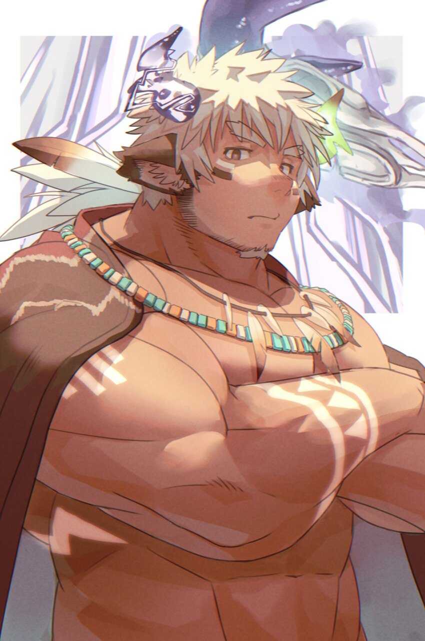 1boy animal_ears bara birry closed_mouth cow_boy cow_ears cow_horns crossed_arms eye_black facial_hair feather_necklace fiery_horns glowing_horns goatee highres horns jewelry large_pectorals looking_at_viewer male_focus muscular muscular_male necklace official_alternate_costume pectorals short_hair solo thick_eyebrows tokyo_houkago_summoners upper_body wakan_tanka wakan_tanka_mugen white_hair
