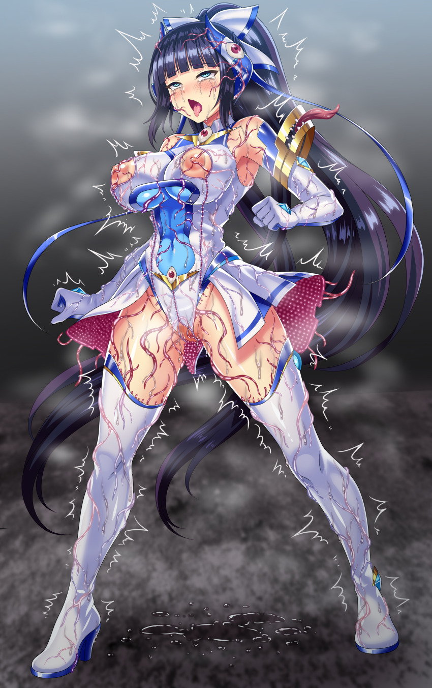 1girl absurdres ahegao black_hair blue_eyes blunt_bangs blush boots breasts censored corruption covered_navel elbow_gloves element_venus female_ejaculation full_body gloves hair_ornament high_heels highres kisaragi_nozomi large_breasts leotard living_clothes long_hair magical_girl mosaic_censoring nipple_cutout nippleless_clothes nipples open_mouth ponytail pussy rolling_eyes shinsou_seiki_elementia sirano solo standing tentacles thigh_boots thighhighs tongue tongue_out trembling very_long_hair white_gloves