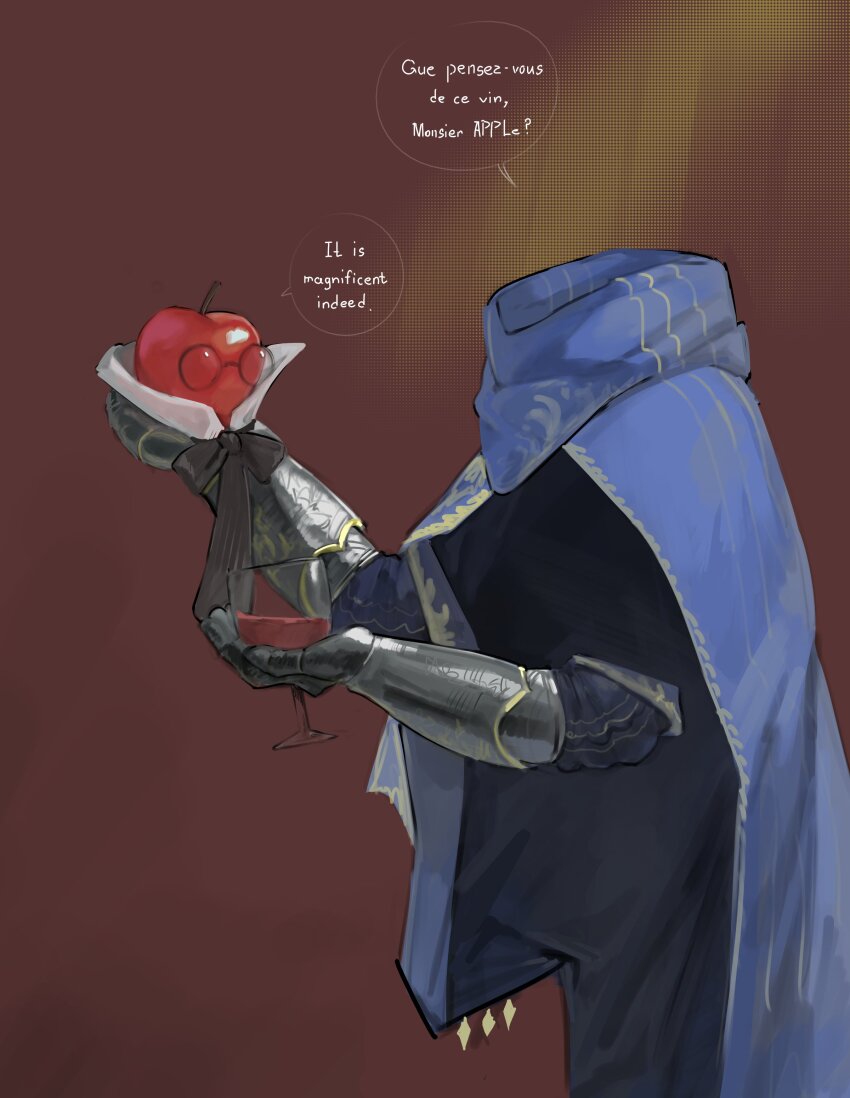 1kogito1 2boys a_knight_(reverse:1999) absurdres alcohol apple apple_(reverse:1999) blue_cape bow bowtie cape commentary cup detached_collar drinking_glass english_commentary english_text floating floating_clothes food french_text fruit gauntlets gloves highres holding holding_cup looking_at_another male_focus multiple_boys no_humans red_background reverse:1999 round_eyewear speech_bubble translated wine wine_glass