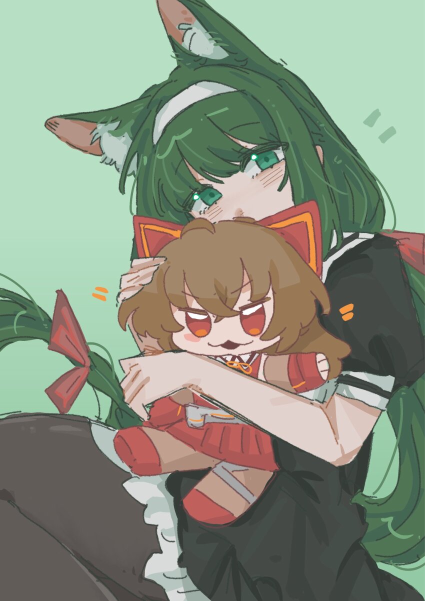 1girl animal_ear_fluff animal_ears assault_lily black_pantyhose black_skirt blush character_doll commentary covered_mouth cowboy_shot doll floating_hair fox_ears frilled_skirt frills gatti_love green_background green_eyes green_hair hair_ribbon hairband hands_up hasebe_touka high-waist_skirt highres holding holding_doll hugging_doll hugging_object kemonomimi_mode kondou_misaka long_hair looking_at_viewer low-tied_long_hair miniskirt notice_lines pantyhose puffy_short_sleeves puffy_sleeves red_ribbon ribbon school_uniform shirt short_sleeves simple_background skirt solo standing very_long_hair white_hairband white_shirt yurigaoka_girls_academy_school_uniform
