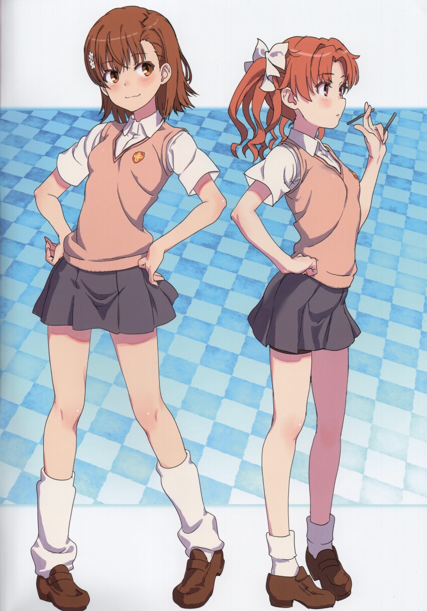 2girls absurdres brown_eyes brown_footwear brown_hair brown_sweater brown_sweater_vest brown_vest checkered_background collared_shirt crease dress_shirt emblem full_body grey_skirt hair_ribbon hands_on_own_hips highres holding holding_nail loafers loose_socks medium_hair miniskirt misaka_mikoto multiple_girls nail nail_(hardware) needle non-web_source pleated_skirt raika9 ribbon scan school_emblem school_uniform shirai_kuroko shirt shoes short_hair skirt sleeveless sleeveless_sweater socks standing summer_uniform sweater sweater_vest throwing_needles toaru_kagaku_no_railgun toaru_majutsu_no_index tokiwadai_school_uniform twintails vest white_ribbon white_shirt white_socks