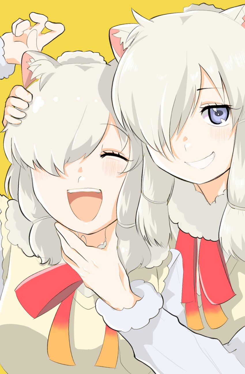 2girls alpaca_ears alpaca_girl alpaca_huacaya_(kemono_friends) alpaca_suri_(kemono_friends) animal_ears blue_eyes blush bow bowtie closed_eyes fur_trim hair_between_eyes hair_bun hair_over_one_eye hair_tubes hand_on_another&#039;s_head highres kamisamanosaba kemono_friends long_sleeves multiple_girls red_bow red_bowtie short_hair sidelocks sweater vest white_fur white_hair white_sweater white_vest