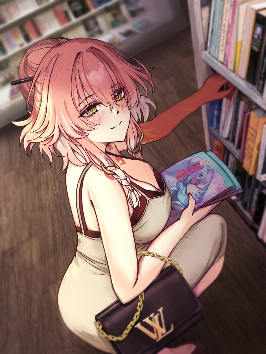 1girl absurdres alternate_costume annotated bare_shoulders black_bag blush body_markings breasts changli_(wuthering_waves) cleavage closed_mouth colored_extremities commentary dongtan_dress english_commentary flareza from_side hair_between_eyes hair_ornament hair_stick highres indoors large_breasts library looking_at_viewer looking_to_the_side photo_background red_hands smile solo squatting wuthering_waves yellow_eyes