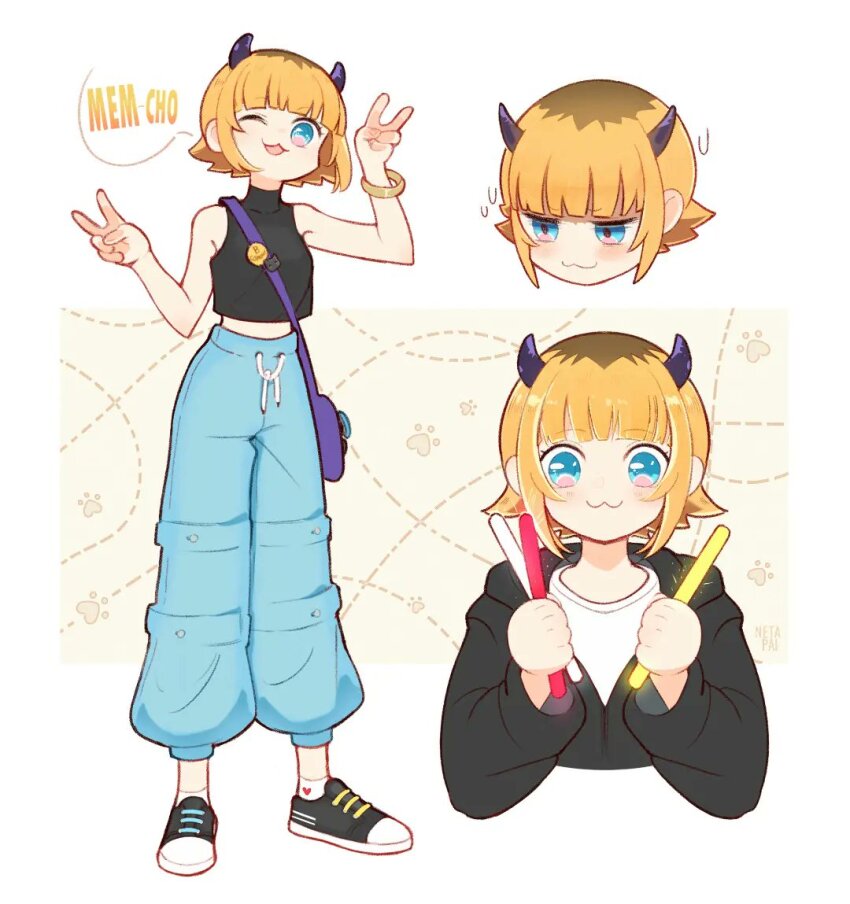 1girl :3 bag baggy_pants black_hoodie blonde_hair blue_eyes blue_pants bracelet brown_hair character_name commentary double_v english_commentary fake_horns glowstick holding holding_glowstick hood hoodie horns jewelry mem-cho mismatched_shoelaces multicolored_hair netapai1 oshi_no_ko pants roots_(hair) shoes short_hair sleeveless sleeveless_turtleneck sneakers turtleneck two-tone_hair v