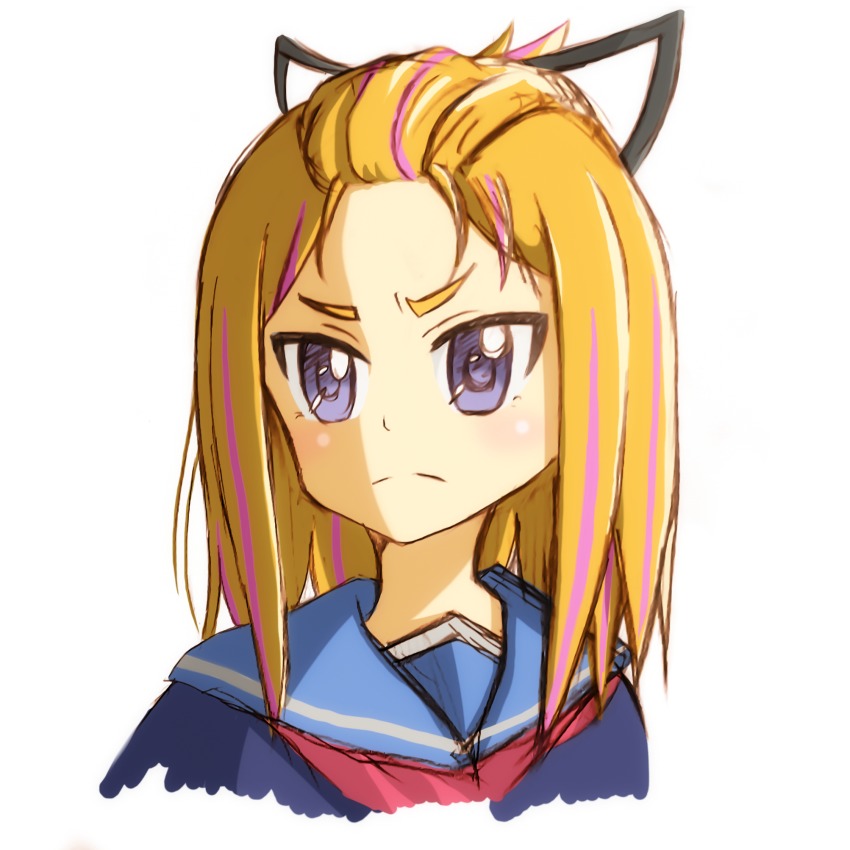 1girl blonde_hair female_focus flip_flappers hana_abi highres portrait purple_eyes school_uniform serious short_hair simple_background solo white_background yayaka