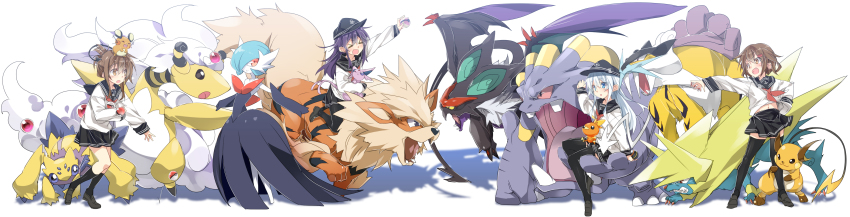 &gt;:d &gt;_&lt; 10s 4girls :d :o absurdres akatsuki_(kancolle) alternate_color ampharos anchor_symbol arcanine arm_up black_legwear black_skirt blue_eyes brown_eyes brown_hair carrying closed_eyes crossover dedenne espeon exploud fang flat_cap folded_ponytail galvantula gardevoir gen_1_pokemon gen_2_pokemon gen_3_pokemon gen_5_pokemon gen_6_pokemon hair_ornament hairclip hat hibiki_(kancolle) highres ikazuchi_(kancolle) inazuma_(kancolle) kantai_collection legendary_pokemon long_hair long_sleeves manectric mega_ampharos mega_gardevoir mega_manectric mega_pokemon midriff mtu_(orewamuzituda) multiple_girls name_connection navel neckerchief nintendo noivern open_mouth pantyhose pleated_skirt poke_ball pokemon pokemon_(creature) pun purple_hair raichu raikou riding riding_pokemon sailor_collar school_uniform serafuku shiny_pokemon shoes short_hair simple_background sitting sitting_on_hand skirt smile tail thighhighs torchic v-shaped_eyebrows white_background white_hair