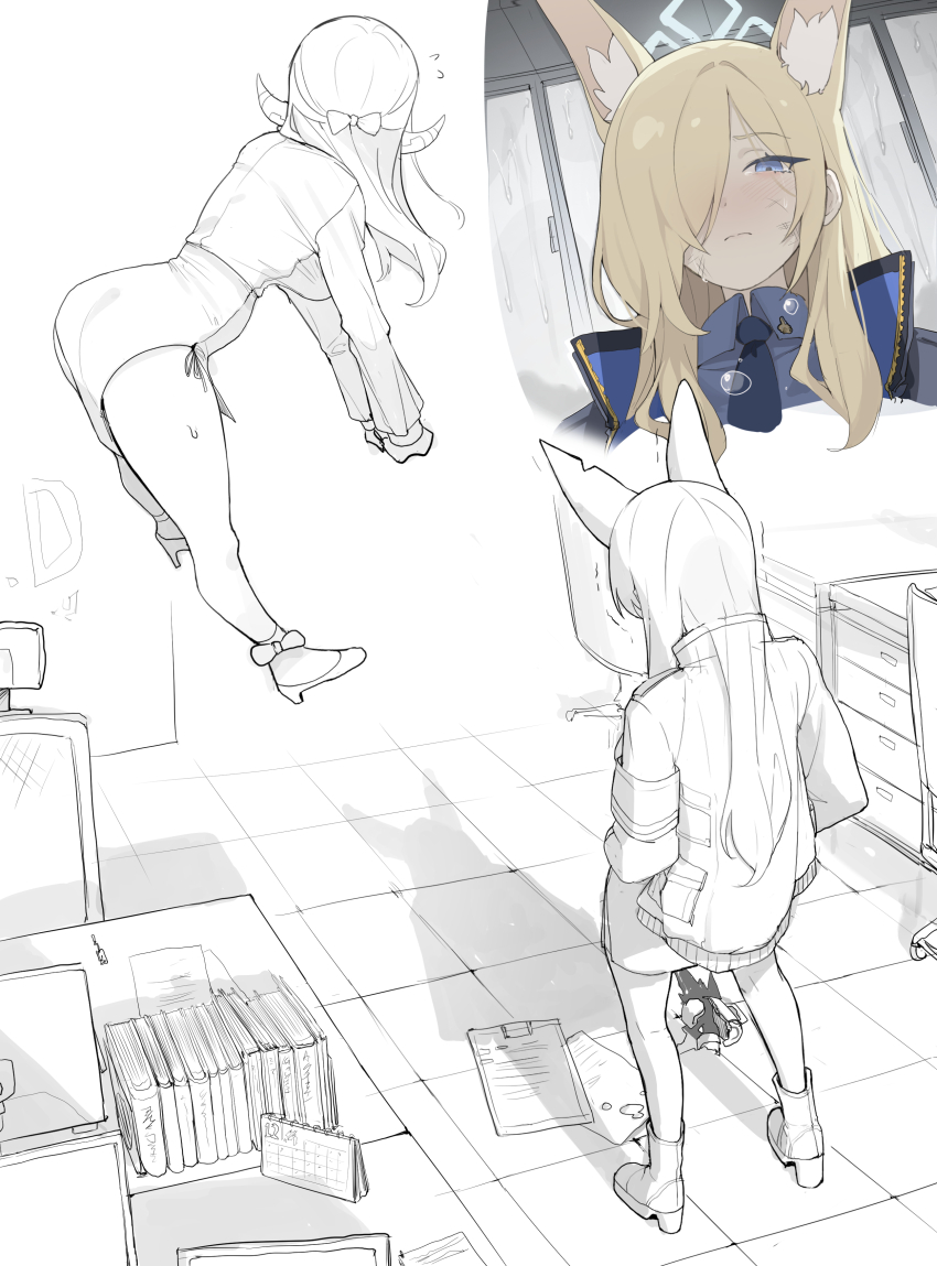 2girls absurdres animal_ear_fluff animal_ears armband aru_(blue_archive) bent_over blonde_hair blue_archive blue_necktie blue_shirt blush book boots bow broken_cup bruise bruise_on_face cabinet calendar_(object) chair clipboard collared_shirt crying crying_with_eyes_open desk dog_ears extra_ears flying_sweatdrops hair_bow hair_over_one_eye halo highres horns indoors injury jacket kanna_(blue_archive) long_hair long_sleeves multiple_girls multiple_views necktie notched_ear office_chair parack partially_colored rain shirt side_slit skirt strappy_heels swivel_chair tears tile_floor tiles trembling window