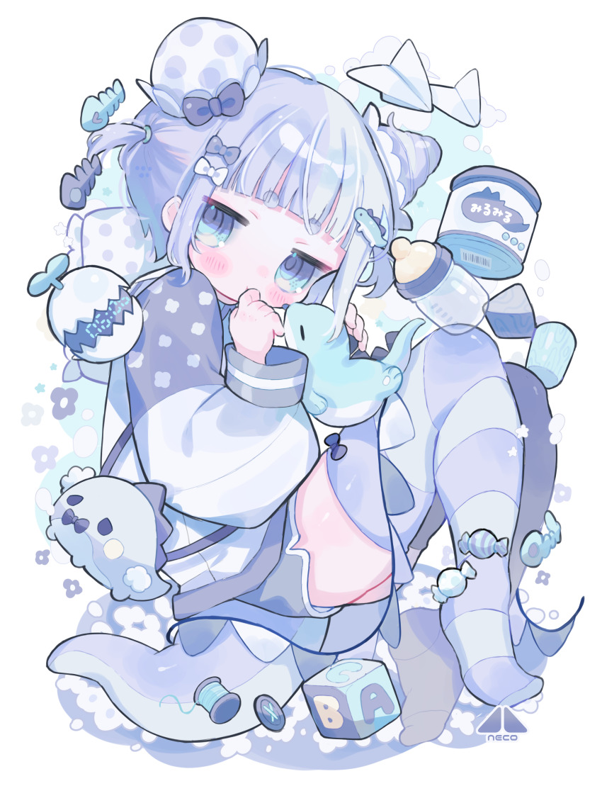 1girl :t absurdres alarm_clock baby_bottle block_(object) blue_bow blue_eyes blue_flower blue_hair blue_jacket blue_shorts blue_theme blue_thighhighs blunt_bangs blush blush_stickers bottle bow buttons candy child clock commentary_request cotono_(nazekun) cylinder digital_clock dinosaur_girl dinosaur_tail dolphin_shorts double_bun fish fish_skeleton fish_skeleton flower food hair_bow hair_bun hand_to_own_mouth highres jacket jitome long_sleeves looking_at_viewer original paper_airplane pillow revision shorts sidelocks simple_background striped_clothes striped_thighhighs stuffed_dinosaur tail thick_eyebrows thighhighs thighs thread triangle two_side_up white_background