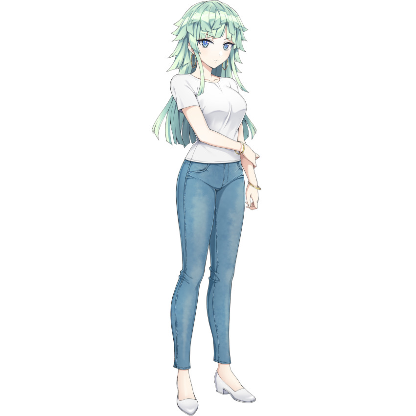 1girl blue_eyes bracelet breasts casual closed_mouth denim dolphin_wave earrings game_cg gold_bracelet green_hair high_heels highres hoop_earrings jeans jewelry kishimen_hair light_frown long_hair looking_at_viewer medium_breasts multiple_bracelets non-web_source official_alternate_costume official_art ootomo_takuji pants selena_lewis shirt shoes sidelocks solo t-shirt transparent_background white_shirt white_shoes
