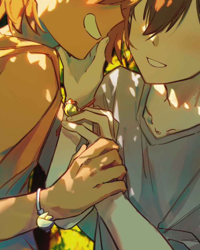 2boys absurdres bailan1130 bare_shoulders blush bracelet collared_shirt dappled_sunlight dark-skinned_male dark_skin day face-to-face faceless faceless_male fingernails grey_shirt grin hand_on_another&#039;s_chin hand_on_another&#039;s_hand hands_up highres interracial jewelry kel_(faraway)_(omori) kel_(omori) male_focus multiple_boys omori orange_tank_top outdoors profile shirt sideways_mouth smile sunlight sunny_(omori) t-shirt tank_top upper_body yaoi