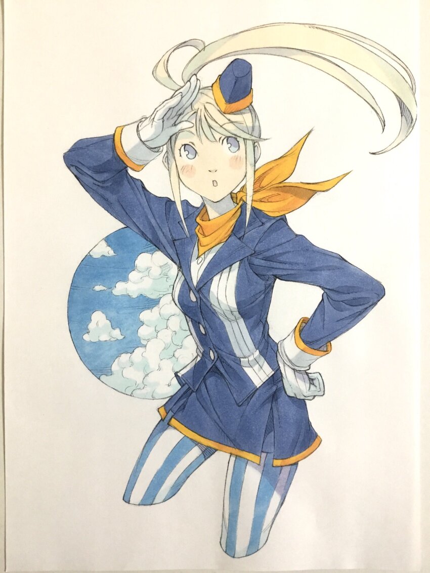 1girl arm_up bandana bandana_around_neck blonde_hair blue_eyes blue_hat blue_jacket blue_pantyhose blue_skirt blue_sky breasts buttons cloud commentary cropped_legs floating_hair garrison_cap gloves hand_on_own_hip hat high_side_ponytail highres jacket lapels looking_up medium_breasts miniskirt orange_bandana original pantyhose parted_lips peter_salt salute shirt skirt sky sleeve_cuffs solo standing striped_clothes striped_pantyhose traditional_media vertical-striped_clothes vertical-striped_pantyhose white_gloves white_shirt