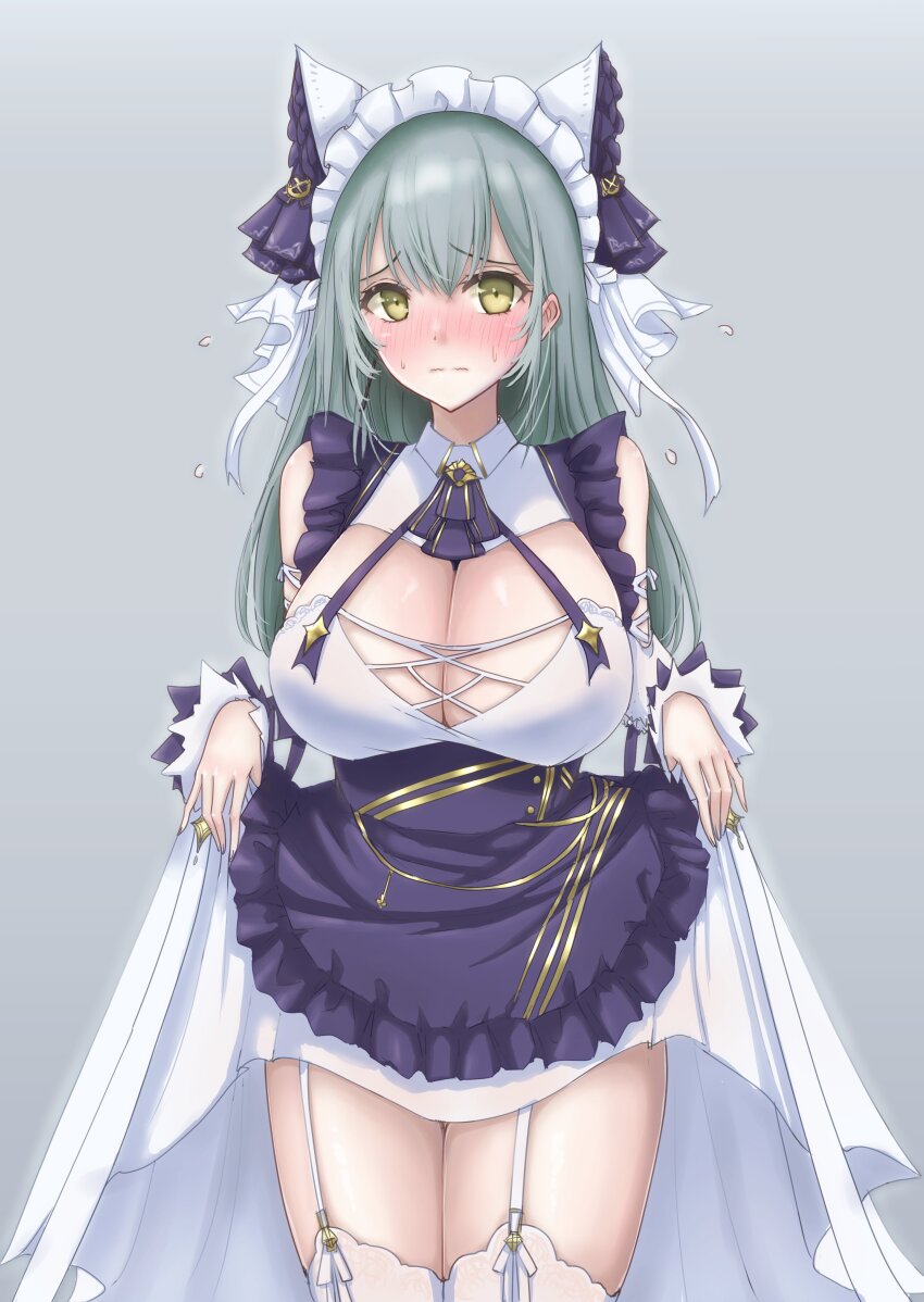 1girl absurdres animal_ears apron azur_lane blush breasts cat_ears cheshire_(azur_lane) cheshire_(azur_lane)_(cosplay) cleavage clothes_lift commission cosplay cotatubo cowboy_shot detached_sleeves dress dress_lift fake_animal_ears frilled_hairband frills full-face_blush garter_straps green_hair grey_background hair_between_eyes hairband highres lace lace-trimmed_thighhighs lace_trim large_breasts long_hair looking_at_viewer maid_headdress purple_apron revenge_(azur_lane) simple_background skeb_commission solo thighhighs white_garter_straps white_thighhighs wrist_cuffs yellow_eyes
