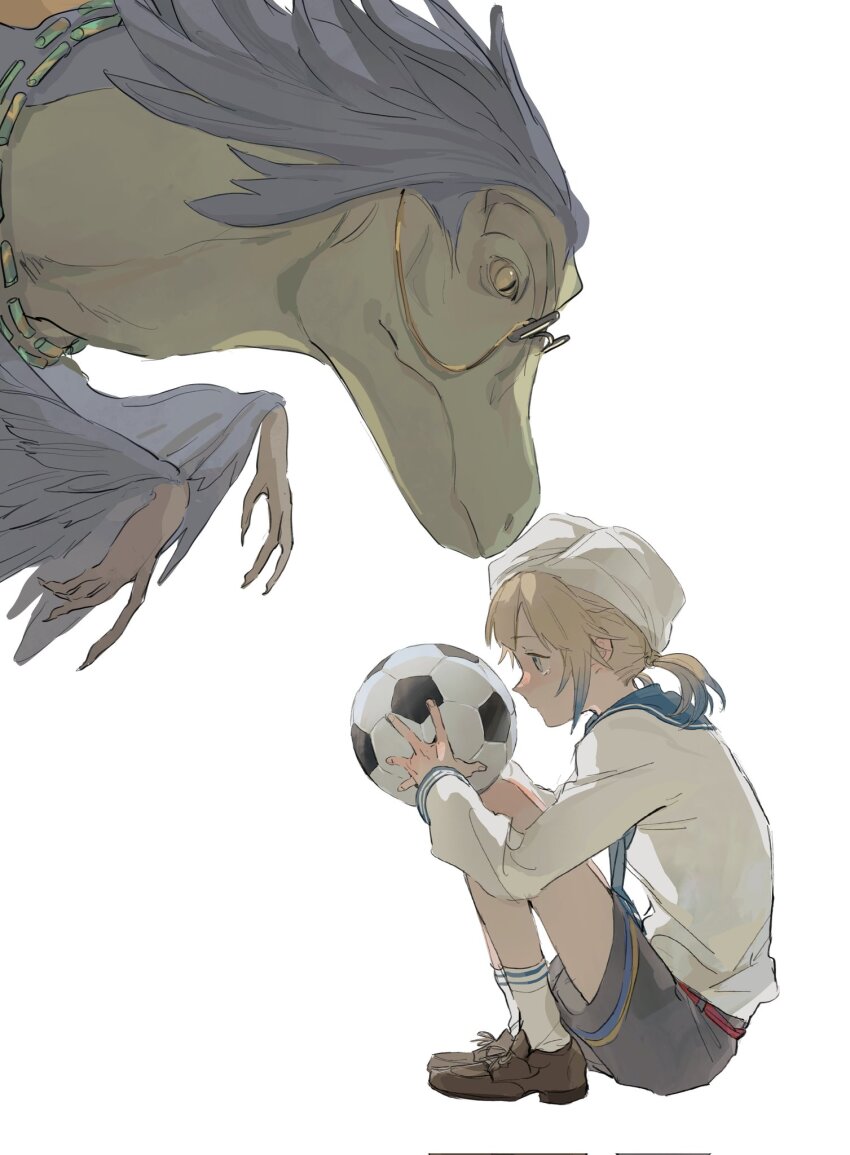 1boy ball belt blonde_hair brown_footwear closed_mouth colored_sclera eyewear_on_head fate/grand_order fate_(series) feathers full_body gradient_hair highres holding holding_ball jewelry long_sleeves looking_at_another looking_at_object marine_nemo_(fate) mimulishizi multicolored_hair nahui_mictlan_(fate/grand_order) necklace nemo_(fate) raptor red_belt sailor sailor_collar sailor_shirt shirt short_hair shorts simple_background sitting slit_pupils soccer_ball socks striped_clothes striped_socks tearing_up tepeu_(fate) white_background yellow_sclera