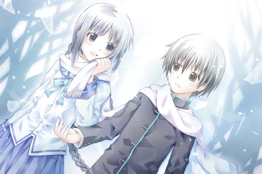 1boy 1girl amano_tooko black_hair blue_hair blush braid bungaku_shoujo gakuran grey_eyes highres inoue_konoha long_hair scarf school_uniform serafuku skirt twin_braids white_scarf yuizawa