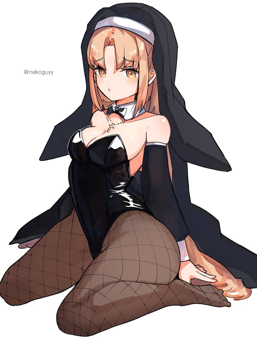 1girl blonde_hair breasts detached_collar detached_sleeves fishnet_pantyhose fishnets full_body highres leotard medium_breasts neko_kai-san nijisanji pantyhose parted_bangs raised_inner_eyebrows simple_background sister_claire sitting solo virtual_youtuber white_background wimple yellow_eyes