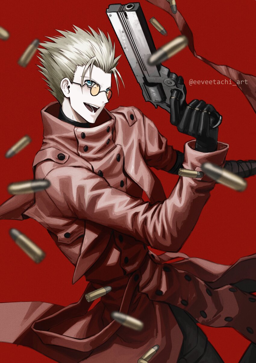 1boy absurdres agl_arms_.45_long_colt aiming ammunition aqua_eyes black_gloves black_pants blonde_hair break-action_revolver bullet coat cowboy_shot cowboy_western earrings eeveetachi elbow_pads fingerless_gloves gloves grin gun handgun handgun_cartridge high_collar highres holding holding_gun holding_weapon jewelry long_coat looking_at_viewer low_bore_axis_revolver male_focus mechanical_arms open_hand outstretched_arms pants red_background red_coat revolver revolver_cartridge round_eyewear science_fiction simple_background single_mechanical_arm smile spiked_hair spread_arms sunglasses tinted_eyewear torn_clothes torn_coat trigun twitter_username vash_the_stampede weapon