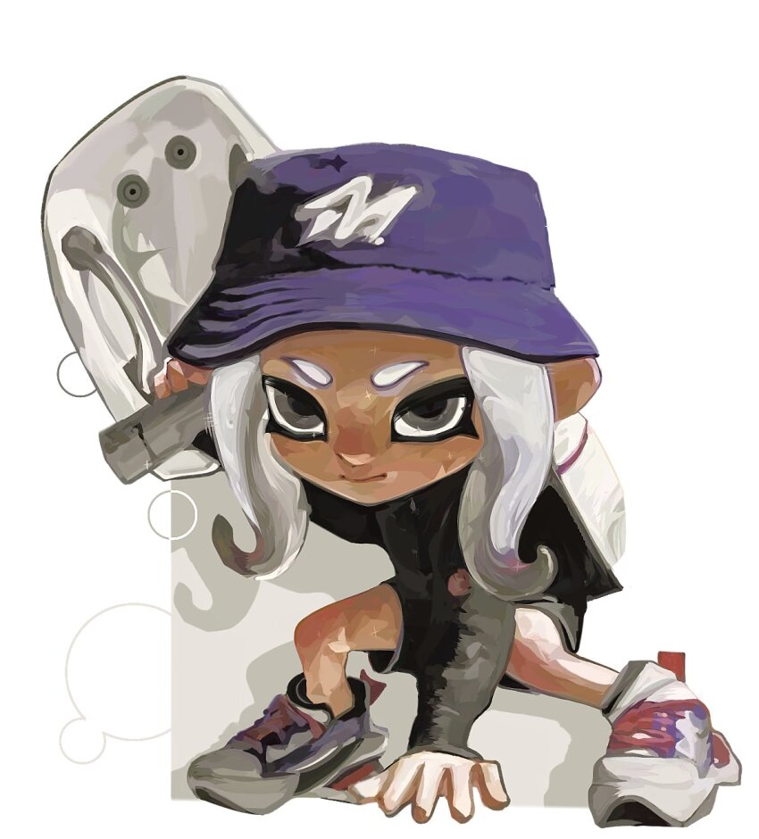 1girl black_shirt black_shorts bloblobber_(splatoon) bucket_hat closed_mouth full_body grey_eyes hat highres ink_tank_(splatoon) long_hair long_sleeves nintendo octoling octoling_girl octoling_player_character ouoxz0t881876 purple_hat shirt shoes shorts sneakers solo splatoon_(series) tentacle_hair white_hair