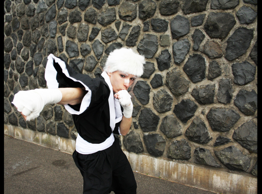 bandages clenched_hand cosplay fighting_stance highres katekyo_hitman_reborn! photo_(medium) sasagawa_ryohei shueisha solo white_hair